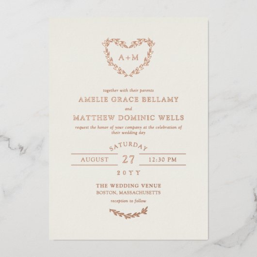 Elegante Elfenbeinküste & Rose Folieneinladung (Vorderseite)