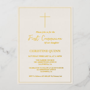 Elegante Elfenbeinküste und Goldene Erstkommunion Folieneinladung