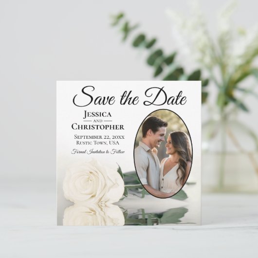 Elegante Elfenbeinrose mit Oval Foto Hochzeit Save The Date (Stehend Vorderseite)