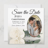 Elegante Elfenbeinrose mit Oval Foto Hochzeit Save The Date (Vorderseite)