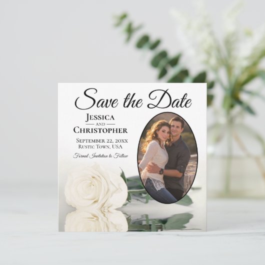 Elegante Elfenbeinrose mit Oval Foto Hochzeit Save The Date (Stehend Vorderseite)