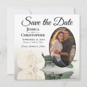 Elegante Elfenbeinrose mit Oval Foto Hochzeit Save The Date (Vorderseite)