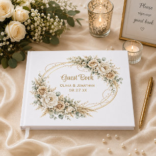 Elegante Elfenbeinrosen Perlen Eukalyptus Hochzeit Gästebuch