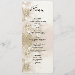 Elegante Elfenbeinweiße Blumen Hochzeitsmenü Menükarte