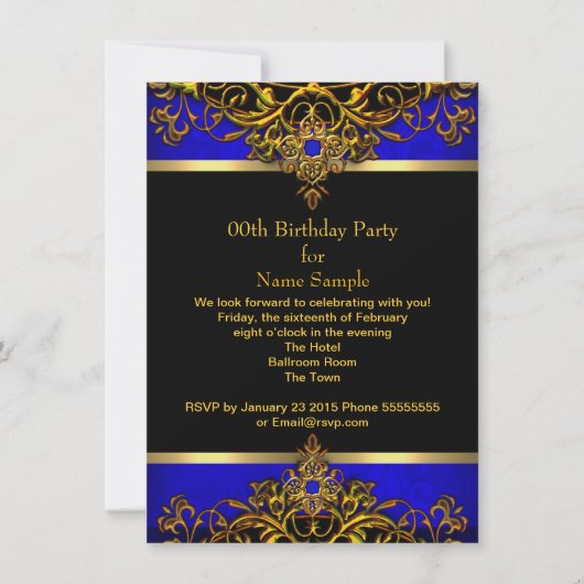 Elegante Elite Royal Blue Gold Black Birthday Einladung (Rückseite)