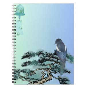 Elegante Elster Vogel & Japanischer Bonsai-Zeichen Notizblock