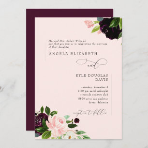 Elegante Eltern mit Blumen und Weinbräune Hochzeit Einladung