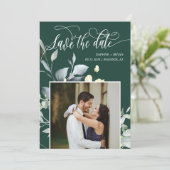 Elegante Emerald Green Blätter QR Code Foto Hochze Save The Date (Stehend Vorderseite)