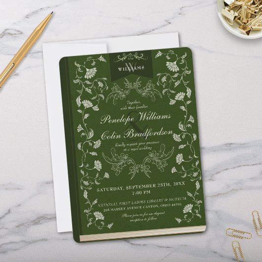 Elegante Emerald Green Floral Book Cover Wedding Einladung