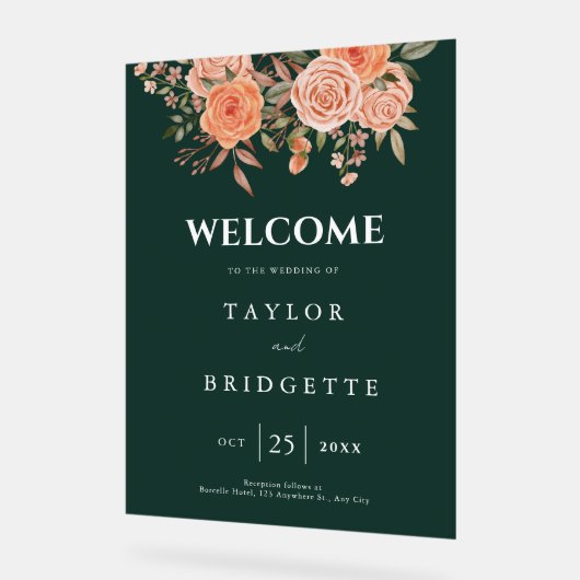 Elegante Emerald Green Floral Hochzeit im Herbst W Acrylschild (Winkel)