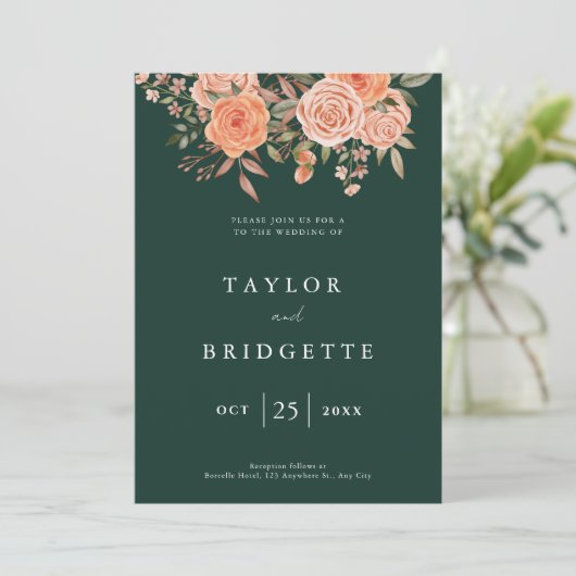 Elegante Emerald Green Floral Hochzeit im Herbst W Einladung (Stehend Vorderseite)