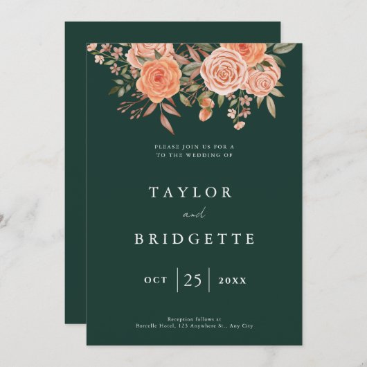 Elegante Emerald Green Floral Hochzeit im Herbst W Einladung (Vorne/Hinten)