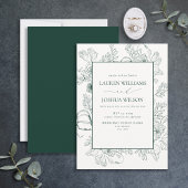 Elegante Emerald Green Floral Line Art Wedding Einladung