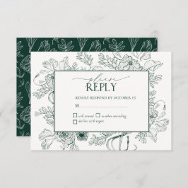 Elegante Emerald Green Floral Line Art Wedding RSVP Karte