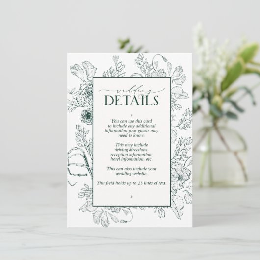 Elegante Emerald Green Floral Wedding Details Begleitkarte (Stehend Vorderseite)