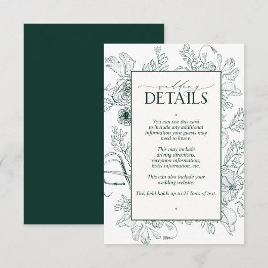 Elegante Emerald Green Floral Wedding Details Begleitkarte (Vorne/Hinten)