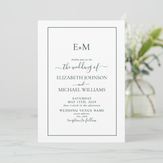 Elegante Emerald Green Formal Monogram Wedding Einladung (Stehend Vorderseite)