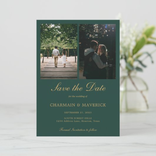 Elegante Emerald Green Foto Wedding Save The Date (Stehend Vorderseite)