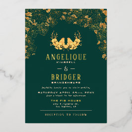Elegante Emerald Green Gold Birds Floral Wedding Folieneinladung