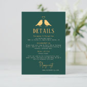 Elegante Emerald Green & Gold Birds Hochzeitdetail Begleitkarte (Stehend Vorderseite)