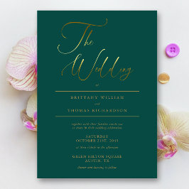 Elegante Emerald Green & Gold Calligraphy Wedding Einladung