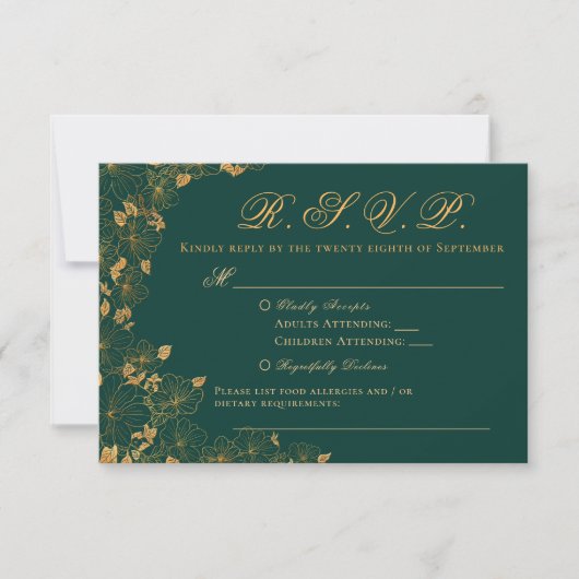 Elegante Emerald Green & Gold Floral UAWG RSVP Karte (Vorderseite)