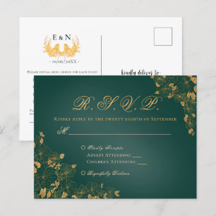 Elegante Emerald Green & Gold Floral Wedding RSVP Postkarte