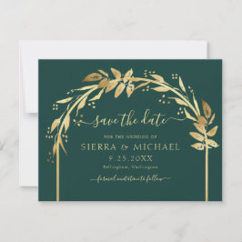 Elegante Emerald Green Gold Foliage Arch Wedding Save The Date