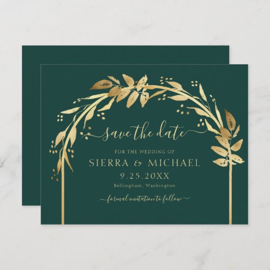 Elegante Emerald Green Gold Foliage Arch Wedding Save The Date (Vorne/Hinten)