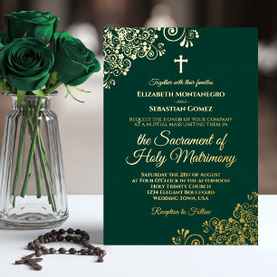 Elegante Emerald Green & Gold katholische Hochzeit Folieneinladung