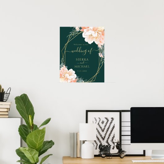 Elegante Emerald Green Gold Peach Floral Wedding Poster (Heimbüro)