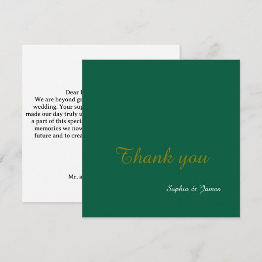 Elegante Emerald Green & Gold Script Wedding Dankeskarte (Vorne/Hinten)