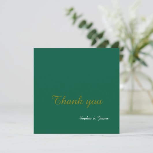 Elegante Emerald Green & Gold Script Wedding Dankeskarte (Stehend Vorderseite)