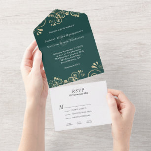 Elegante Emerald Green Gold Swirl Wedding All In One Einladung
