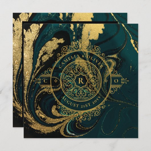 Elegante Emerald Green Gold Verziert Vintage WEDDI Einladung (Vorne/Hinten)