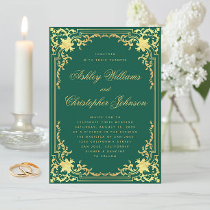 Elegante Emerald Green Gold Vintage Verzierte Hoch Einladung