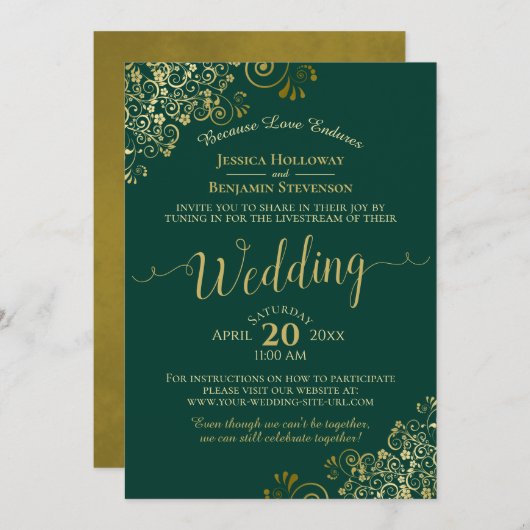 Elegante Emerald Green & Gold Wedding Livestream Einladung (Vorne/Hinten)