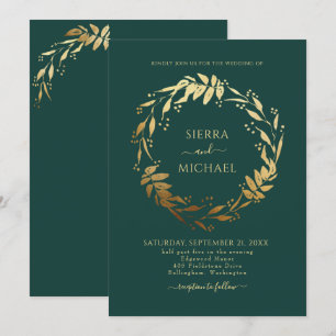 Elegante Emerald Green Golden Wreath Wedding Einladung