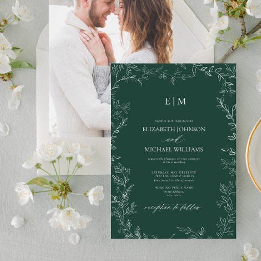 Elegante Emerald Green Leaf Foto Monogram Wedding Einladung