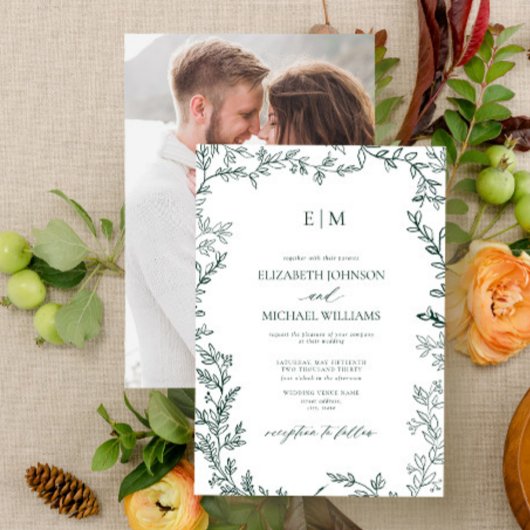 Elegante Emerald Green Leaf Foto Monogram Wedding Einladung