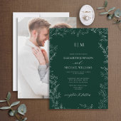 Elegante Emerald Green Leaf Foto Monogram Wedding Einladung