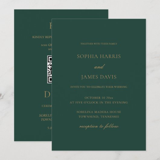 Elegante Emerald Green Minimal Wedding All in One Einladung (Vorne/Hinten)