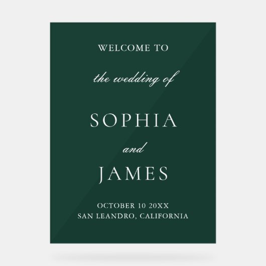 Elegante Emerald Green Minimalistisch Wedding Acrylschild (Vorderseite)