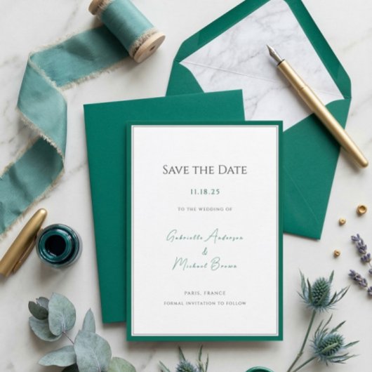 Elegante Emerald Green Minimalistisch Wedding Rett Save The Date