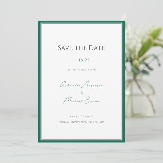 Elegante Emerald Green Minimalistisch Wedding Rett Save The Date (Stehend Vorderseite)