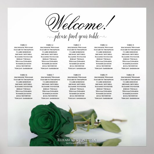 Elegante Emerald Green Rose 10 Table Seating Chart Poster (Vorne)