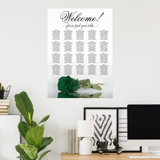 Elegante Emerald Green Rose 20 Table Seating Chart Poster (Heimbüro)