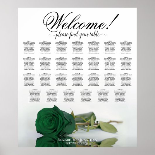 Elegante Emerald Green Rose 27 Table Seating Chart Poster (Vorne)