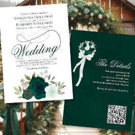 Elegante Emerald Green Rose Blumenkode QR Hochzeit Einladung