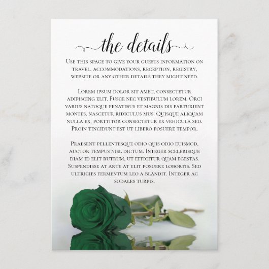 Elegante Emerald Green Rose Hochzeitdetails Begleitkarte (Vorderseite)